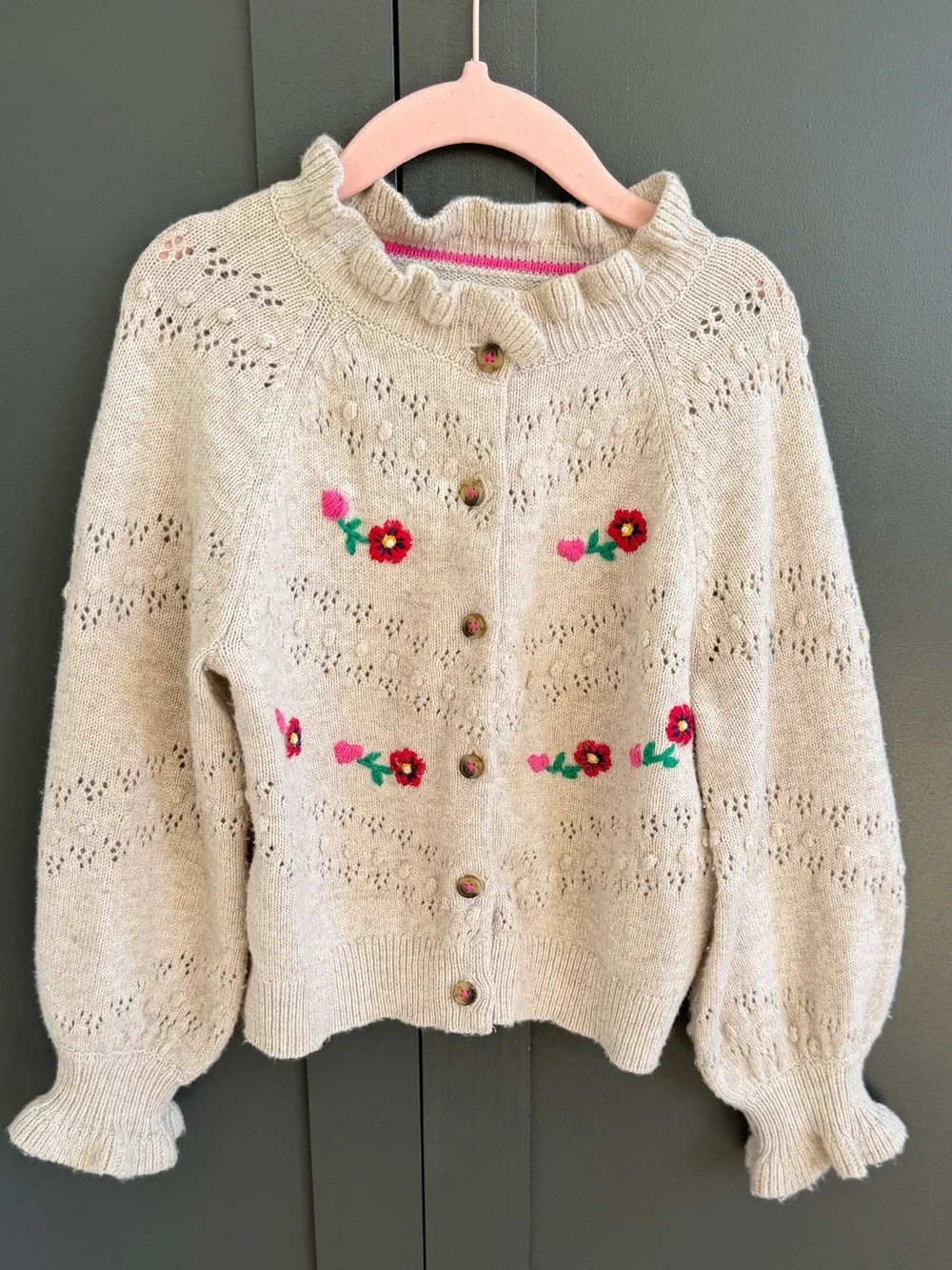 Mini Boden Tan Knit Cardigan with Pink & Red Floral Embroidery | 4-5 Y